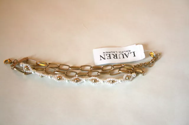 Ralph Lauren gold Tone oval links & faux pearl 3 row Bracelet 6 to 7"