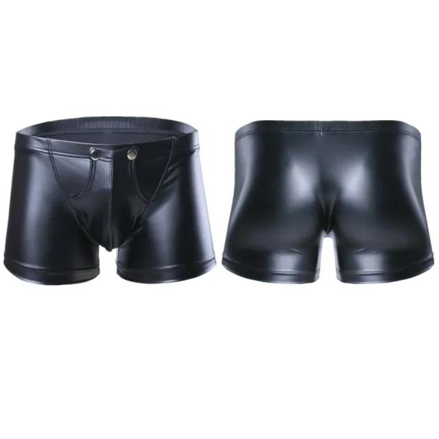 Men Lingerie Faux Leather Boxer Shorts Press Button Bulge Pouch Underpants
