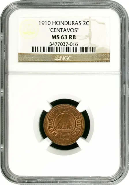 Honduras 2 centavos 1910, NGC MS63 RB, "Peso (1871 - 1930)"