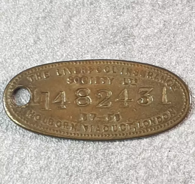 Vintage Reward Lost Key Tag THE LIVERPOOL INSURANCE SOCIETY London 5/- Brass Fob