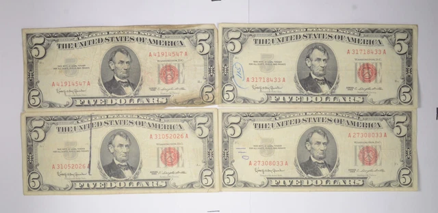 Lot of (4) $5 Red Seal US Notes Currency Collection $5 1963 or 1953 *047