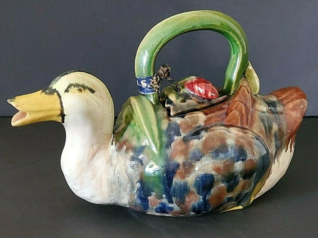 Vintage Hand Painted DUCK TEAPOT Art Studio Ceramic Figurine Signed 9” Long