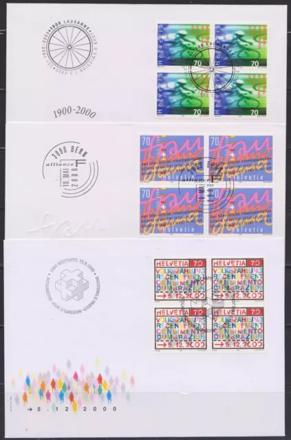 Schweiz-2000-3 FDC/4er-Block-Radsportverband+Frauenorganisation+Volkszählung-TOP