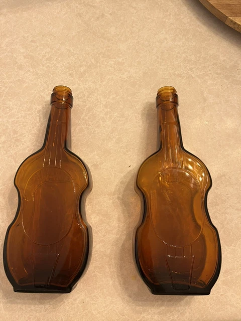 2 Glass Amber Violin Guitar Bottles 107353 D202 Vintage