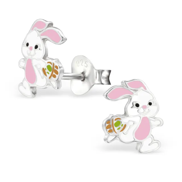 925 Sterling Silver Easter Pink White Bunny Rabbit Kids Girls Stud Earrings
