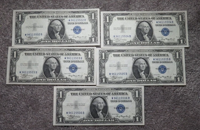 5 $1 1935 Silver Certificate Consecutive Serial Numbers Bank Note Bills UNC++