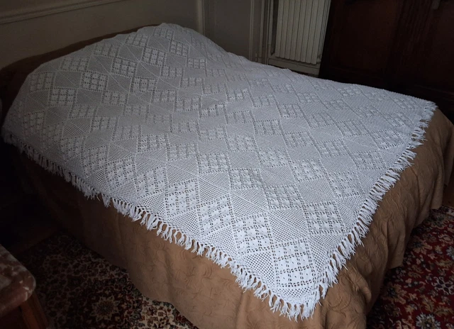 Dessus De Lit Ancien En Coton Crocheté - 220x190 Cm - Filet écru - France