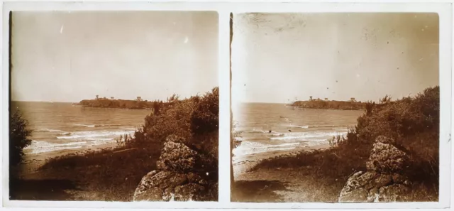 Paysage au bord de la mer Photo c1920 Plaque de verre K4n13 Stereo Vintage