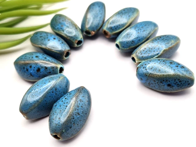 Porzellan Keramik Perlen handmade lasiert antik style blau gelb Oliven gedreht