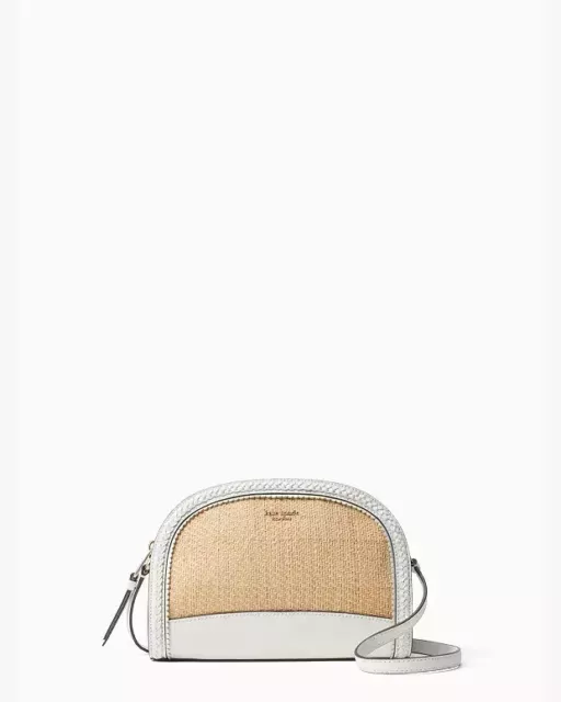 KATE SPADE Dome Reiley Natural Straw & White Saffiano Leather Crossbody Bag