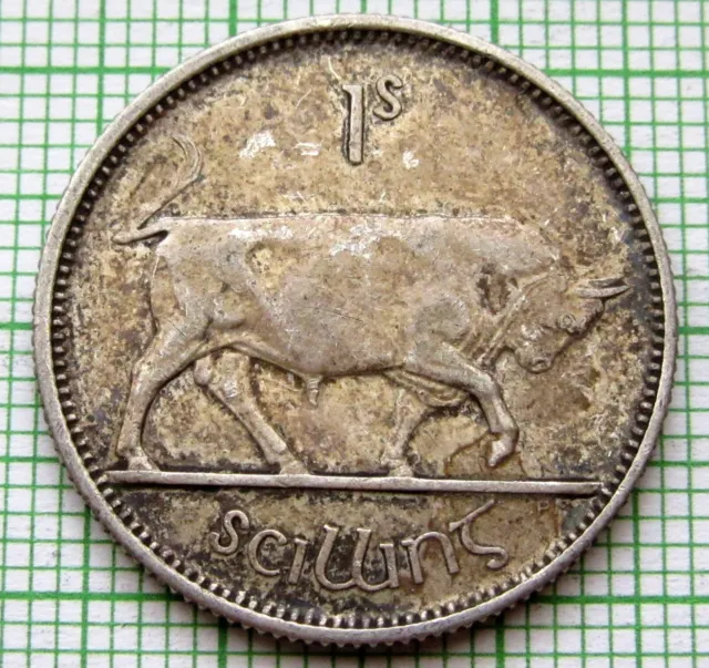 IRELAND FREE STATE 1928 1 SHILLING Scilling, BULL 0.750 SILVER PATINA