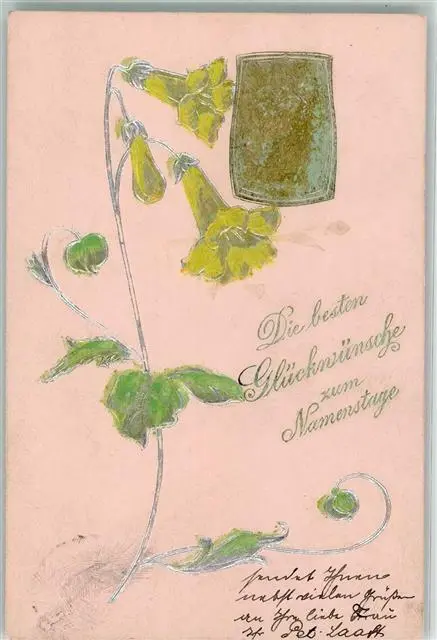 10684292 - Namenstag Blumen Glimmer Jugendstil 1905 Praegedruck