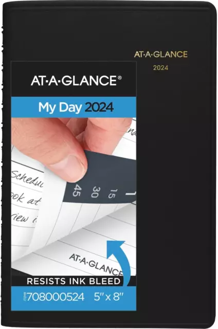 AT-A-GLANCE 2024 Daily Planner, Quarter-Hourly Appointment Book, 5" X 8", Black