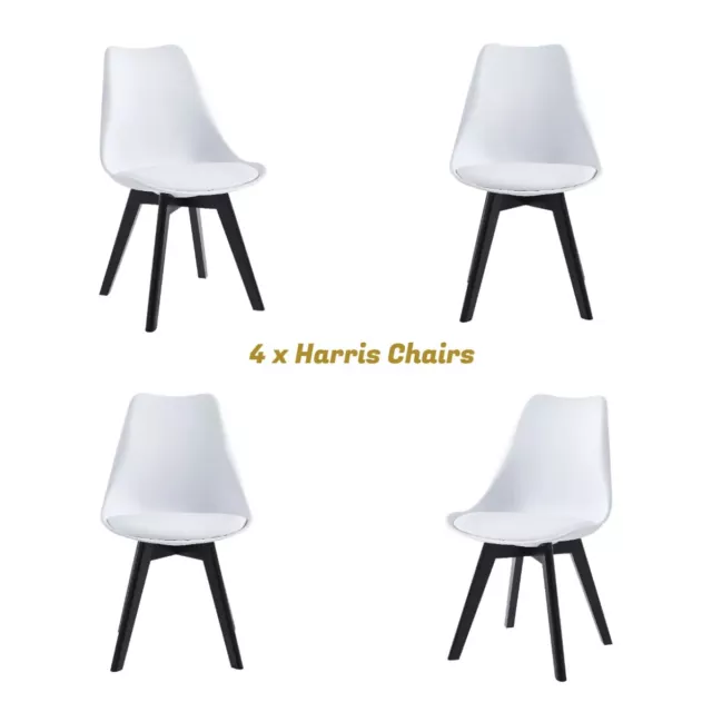 4 x White Dining Chairs Set With Leather Padded Seat And Black Wooden Legs