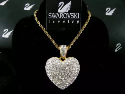 Signed Swarovski Heart Crystal Necklace~Pendant 24" Chain Retired Rare New