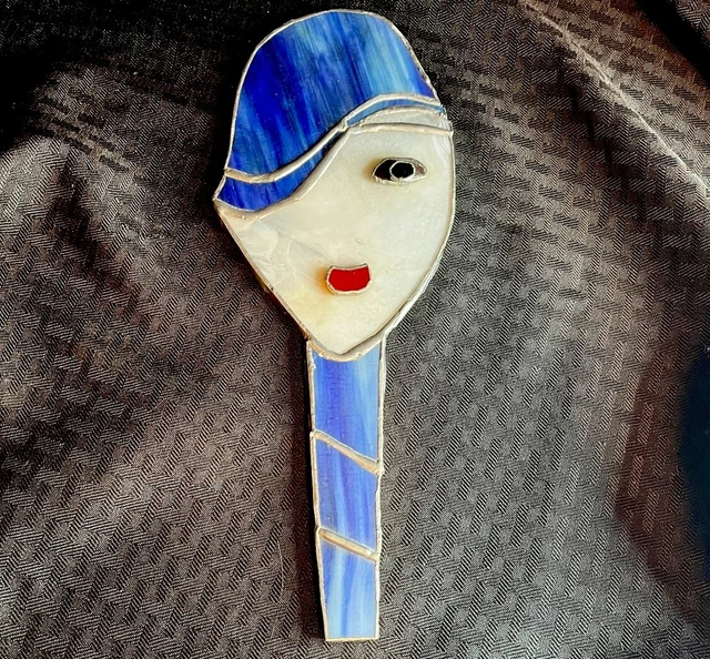 Vintage Stained Glass Art Deco Vanity Mirror Hand Held Flapper Woman 11.5”