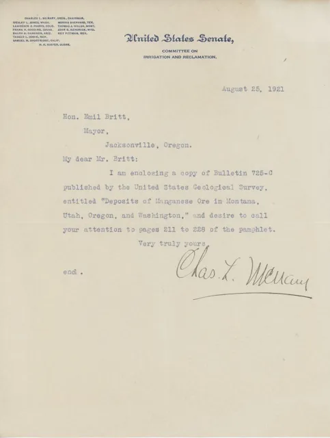 Senator Charles L McNary. Autographed Letter (1921)