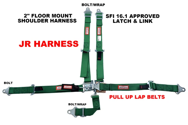 Quarter Midget Sfi 16.1 Race Harness Floor Mount Latch & Link Bolt In Belt Green