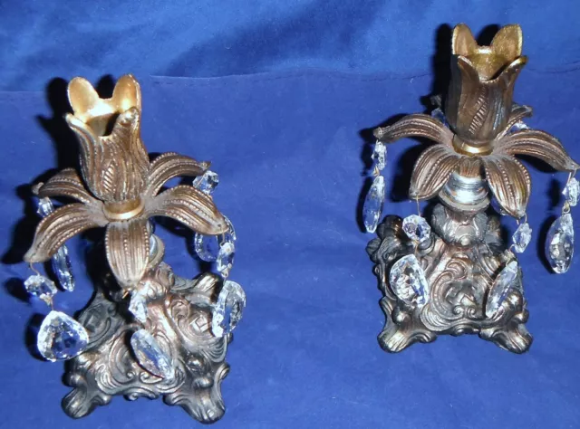 Vintage Brass And Crystal Prism Candle Stick Holders Gorgeous
