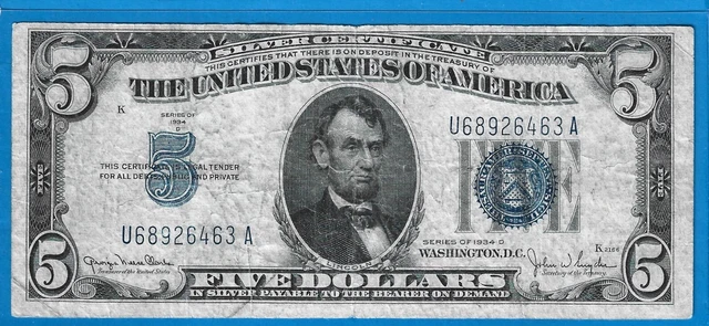 1934 D $5 Silver Certificate,Narrow Variety B/P# 2052,Blue Seal,Circ VF,Nice!