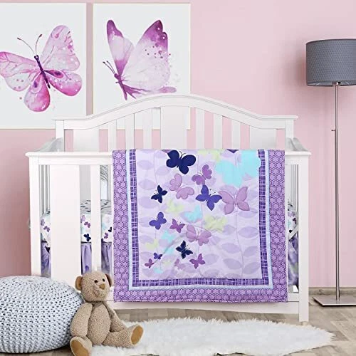 Crib Bedding Set for Girls 3 Piece Butterfly Baby Girl Crib Bedding Sets with