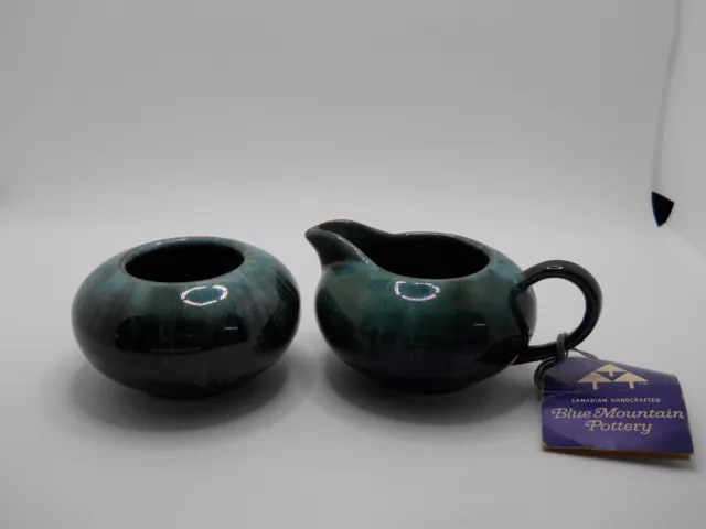 Vintage BMP Blue Mountain Pottery Canada Teal Drip Glaze Ope Cream And Sugar Set