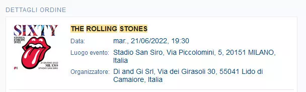 2 Biglietti concerto Rolling Stones 21/06 - Blocco 3 Anello rosso