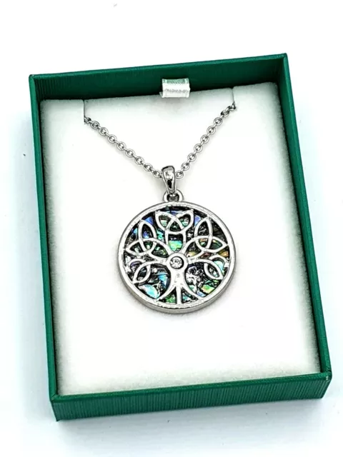 Celtic Tree of Life Abalone Pendant Necklace CZ Gem 20" Silver Chain Jewellery 2