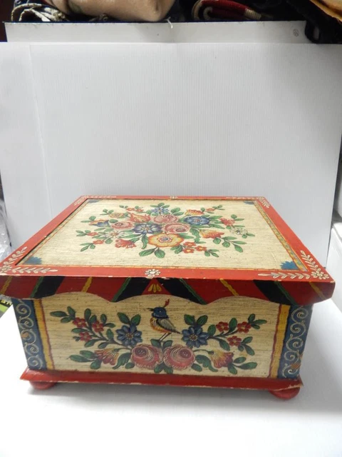 Large Vintage Antique Mexican Hand Made Painted Wood Box - Impressive Old Piece