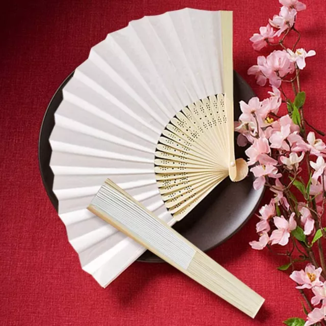10Pcs Blank White Chinese Folding Bamboo Fan Retro Hand Paper Fans Wedding Favor