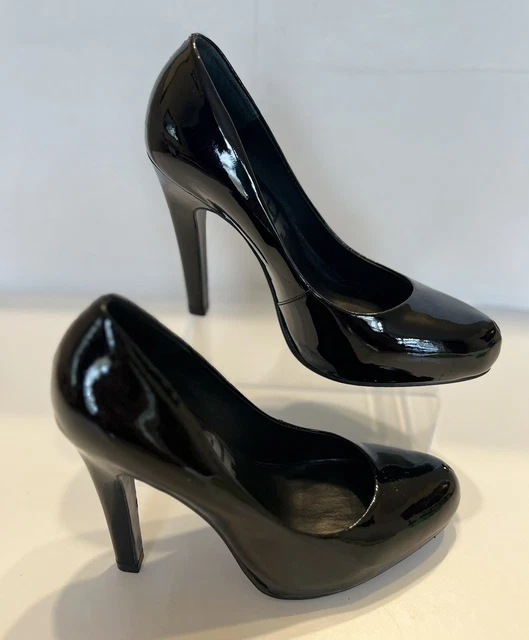 OFFICE LONDON BLACK Patent Court Shoes Stiletto Heels UK 4 EU 37 Made