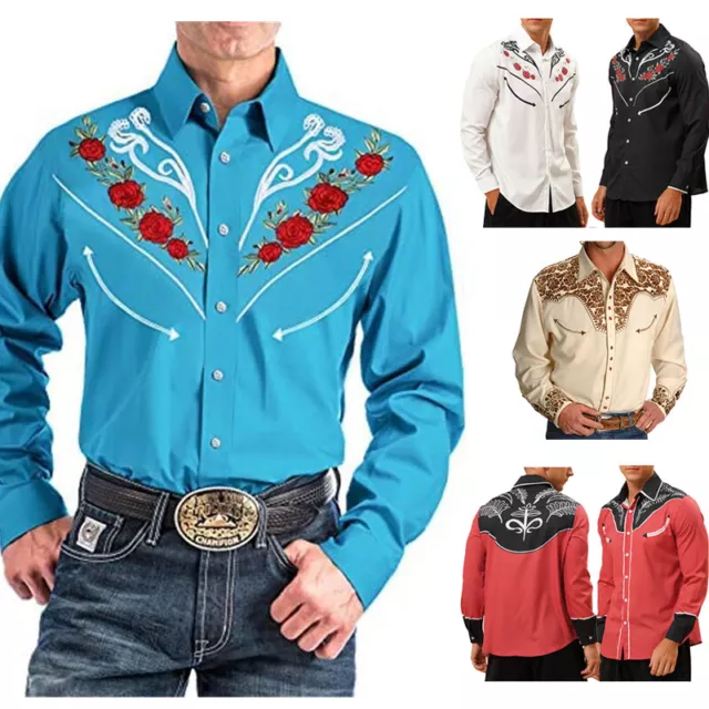 Mens Fashion Buttons Shirts Western Cowboy Shirt Long Sleeve Retro Printed Shirt