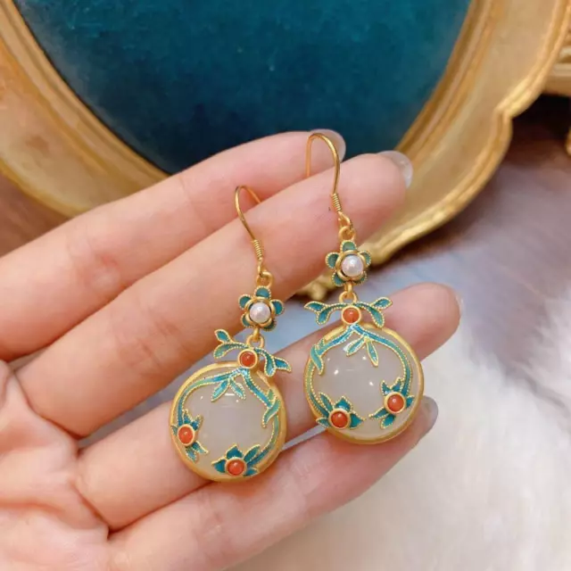 Chinese National Female Hook Earrings Jade Pendant Vintage Jewelry Earrings