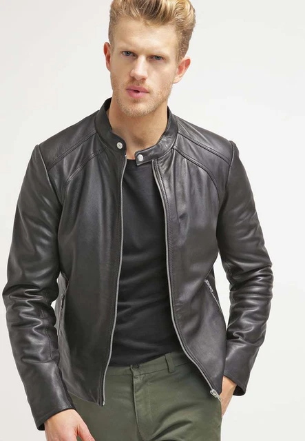 Black Leather Jacket Men Biker Moto Pure Lambskin Size S M L XL XXL Custom Made