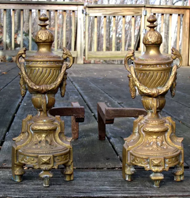 Antique 19th C. Bronze Brass French Louise XVI Urns Garland Fireplace Andirons