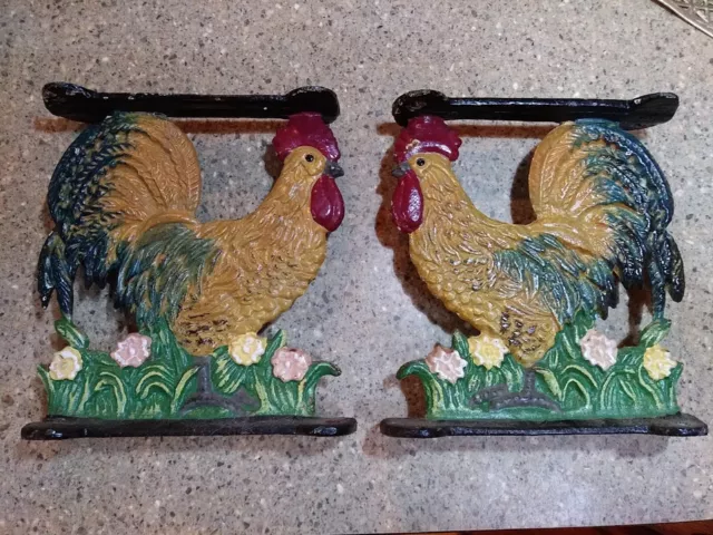 Vintage (2) Cast Iron Rooster Shelf Supports Brackets Metal Chicken Farmhouse