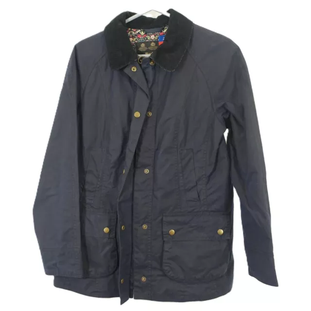 Barbour Navy Blue Floral Lining Waxed Cotton Jacket UK 12