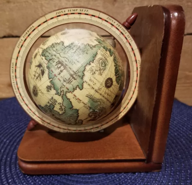 Vintage Globe Wood Bookends Old World Map Rotating Spinning Taiwan