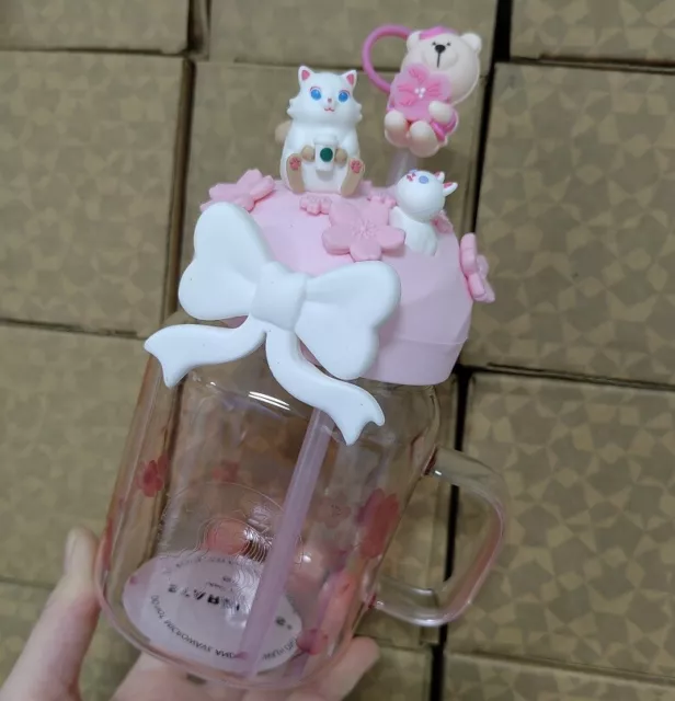 Starbucks Pink Sakura Cute Cat Mason Straw Cup Milk Cup W/ Sakura Bear Plug Gift