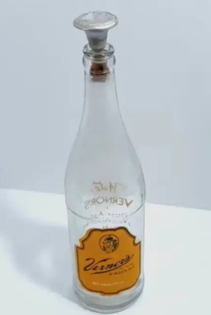 See Video 8 OZ VERNORS Ginger Ale Glass Soda Pop Bottle W Iron Sprinkler Top