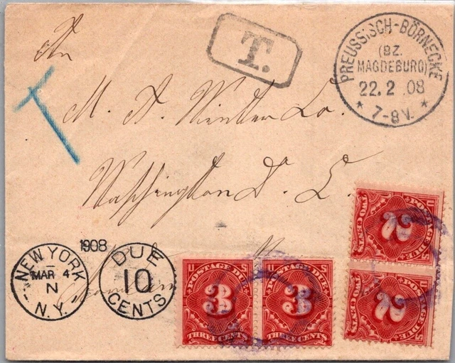 Schallstamps Germany Reich 1908 Postal History Postage Due Paid Cover Addr Usa