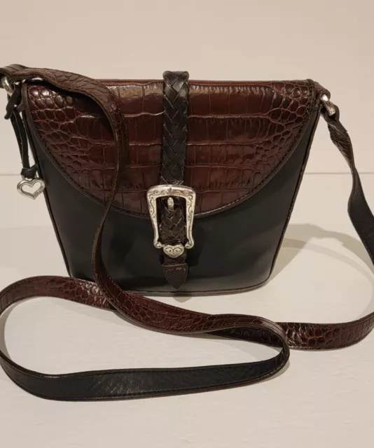 Brighton Vintage Small Crossbody Bucket Bag Flap Black Leather Brown Croc Trim