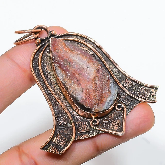 Desert Rose Druzy Gemstone Handmade Ethnic Copper Jewelry Pendant 2.56"