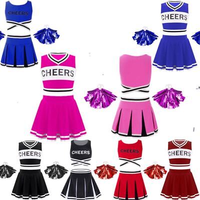 Kids Girls Cheerleading Dance Uniform Suits Cheers Print Crop Top Pleated SkirtS