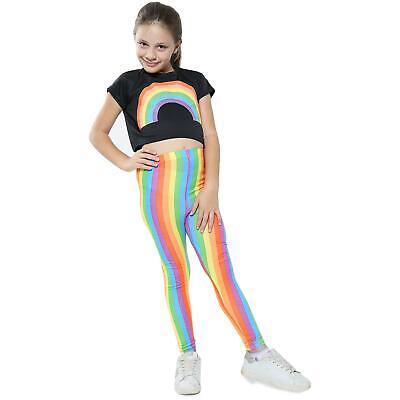 Kids Girls Crop Top & Legging Rainbow Print Black Fashion Belly Shirt Outfit Set