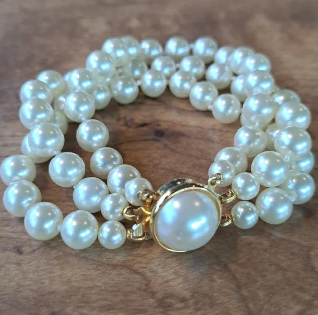 Triple Strand Knotted Faux Pearl Bracelet with Gold Tone Clasp