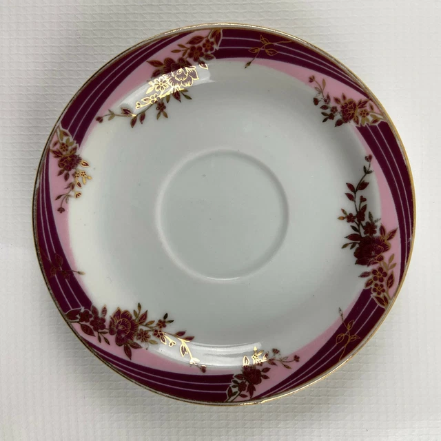 HISHISEI  H.Ito Porcelain Espresso Saucers Japan Burgundy floral flowers 4 1/2 "