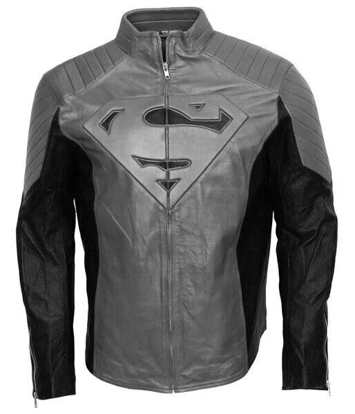 Mens Superman Jacket in Gray Faux Leather Adult Halloween Cosplay Costume