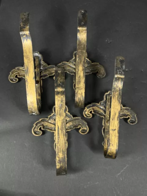 Set 4 Antique 1920s Gilt Metal Floral Leafy Drapery Tie or Hold Backs marked CNP 5
