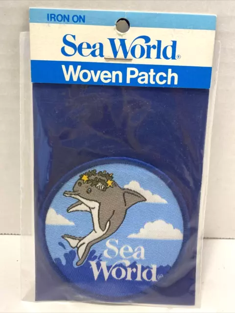 Vintage SEA WORLD Jumping Dolphin Souvenir Woven Patch NIP 3"